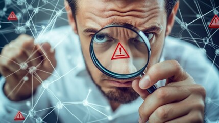 Focused Engineer Analyzing Digital Systems Through Magnifying Glass