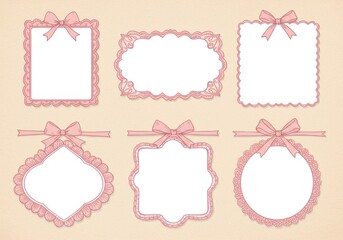 Delicate pink frames, hand-drawn style, vintage design elements, decorative borders, ribbon bows, scalloped edges, soft pastel background, romantic stationery