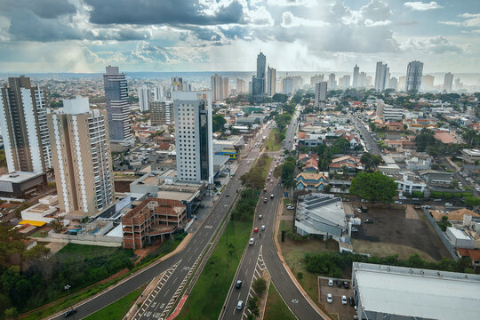 Aerial view of Campo Grande city at Afonso Pena Avenue region, with a light rain in the afternoon. Campo Grande MS Brazil.