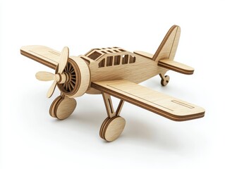 Detailed Wooden Model Airplane on White Background