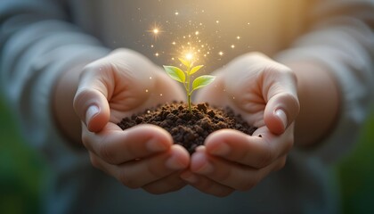 Fototapeta premium A pair of cupped hands holding a tiny seedling that glows with life. 