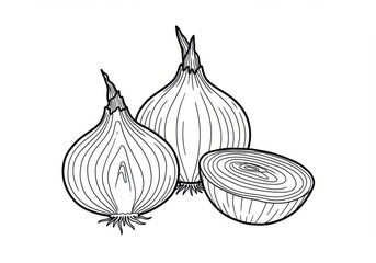 Onion illustration, black and white line drawing, bold outline, symmetrical layers, botanical sketch, minimalist design, graphic vegetable art, organic shapes, culinary