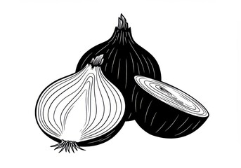 Onion illustration, black and white line drawing, bold outline, symmetrical layers, botanical sketch, minimalist design, graphic vegetable art, organic shapes, culinary