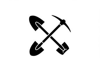 minimalist icon, crossed shovel and pickaxe, black silhouette, mining tools, construction symbol, monochrome design, simple graphic, excavation emblem, labor insignia