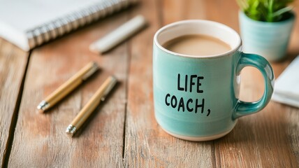 Charming Coffee Mug with Life Coach Quote on Wooden Table Surrounded by Stationery Items