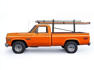 Orange Vintage Pickup Truck with Ladder and Pipes