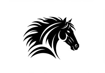Black and white illustration, horse head silhouette, stylized equine profile, flowing mane, sharp contrasts, tribal art style, vector graphic, bold lines, minimalist design