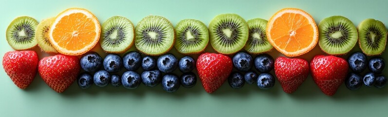 Sliced fruits arranged on table: colorful display of oranges kiwis strawberries and blueberries concept of fresh fruit market juicery and smoothie bar