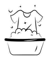 Line art washing clothes in a basin. cartoon illustration.