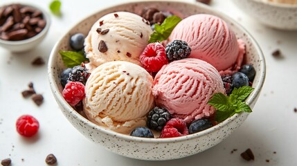 Delicious Creamy Ice Cream Scoops Nestled in Berries. AI Generated