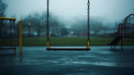 Golden Swing Hanging in a Foggy Playground, Gloomy and Atmospheric Scene