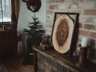 Rustic interior scene with decorative elements a wooden trunk with candles and a framed tree slice, winter, indoor
