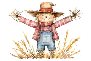 Cute scarecrow clipart in digital watercolor scene
