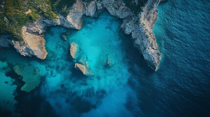 Aerial View Turquoise Coastal Cove Vibrant Blue Water Dramatic Cliffs. AI Generated