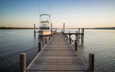 Fototapeta premium Mississippi River, Peaceful Fishing Boat at Dawn Dock