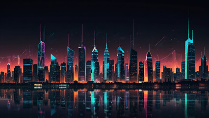 Fototapeta premium Futuristic Skyline Digital Cityscape with Glowing Connections Reflecting on Water Modern Metropolis of Innovation and Technology at Night