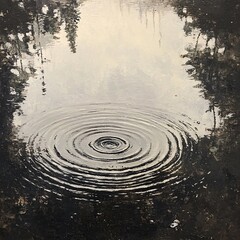 Raindrop Ripples Expanding on a Still Water Surface, Tranquil and Minimalist Nature Scene
