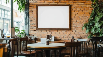 Interior of a dining area with empty wooden frame on brick wall surrounded by wooden chairs and tables with plants near the window