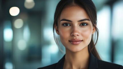 Obraz premium Young Businesswoman with Sharp Eyes and Warm Confidence Portrait