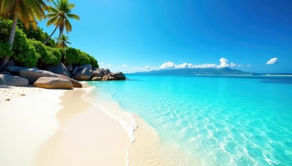 Fototapeta premium Crystal clear water, white sand beach, vibrant blue sky, holiday, day, relaxing