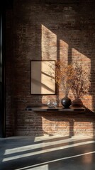 Sunlight illuminates a brick wall with a framed artwork and decorative vase on a shelf