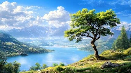 Single Tree on Hilltop Overlooking Serene Lake and Mountains