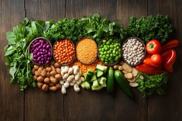 Fresh and Colorful Vegetables and Legumes Displayed on Wooden Background for Healthy Eating