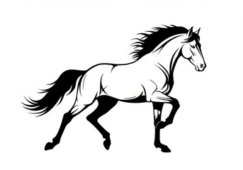 black silhouette, galloping horse, flowing mane, dynamic motion, sleek profile, tribal art style, stark contrast, minimalist design, running steed, muscular equine form