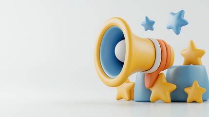 3D Rendered Cartoon Megaphone with Stars on White Background