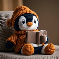 a penguin in a cozy knitted sweater sitting on a couch with a book and a cup of tea smiling warmly