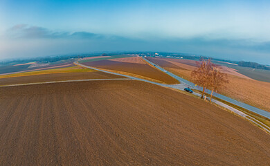 High resolution stitched winter drone panorama captured in flight near Ettling, Wallersdorf, Dingolfing-Landau, Bavaria, Germany
