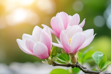 Obraz premium Delicate Pink and White Magnolia Blossoms with Soft Green Leaves Bathed in Gentle Sunlight