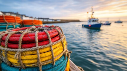 Obraz premium Vibrant Fishing Gear Against Tranquil Waters at Sunset With Boats and Pier in Background