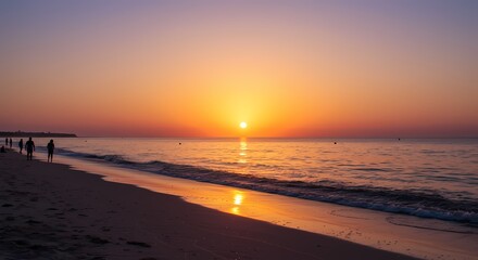 Stunning Golden Hour Sunset Over Serene Beach – Vibrant Sky, Silhouetted Palm Trees, and Calm Waves for Travel, Nature, or Summer-Themed Projects