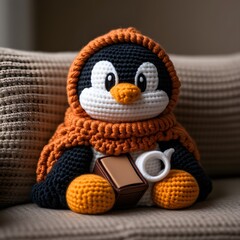 a penguin in a cozy knitted sweater sitting on a couch with a book and a cup of tea smiling warmly