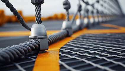 A low angle shows steel cables and securing hardware for an aircraft arresting system on the airfield