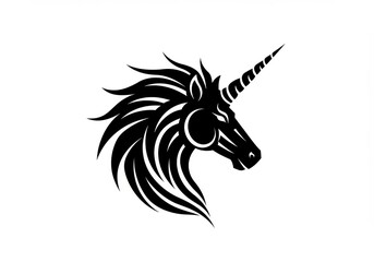 black and white illustration, mythical unicorn head, stylized profile, sharp horn, flowing mane, bold lines, graphic design, tribal art style, fantasy creature, symmetrical