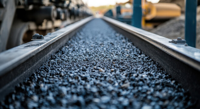 Rock fragments, or gravel, moves along a rubber conveyor belt