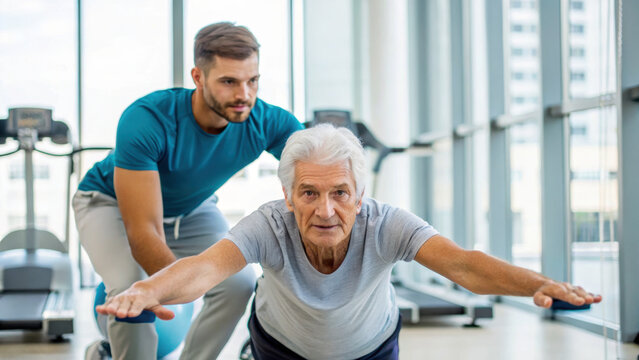 senior fitness trainer demonstrating mobility exercises with younger assistant in gym setting. atmosphere is supportive and encouraging, promoting health and wellness