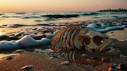 Sunset by the ocean with animal skeleton washed ashore, haunting scene. Nature concept
