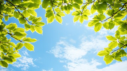 Obraz premium Bright Green Leaves and Blue Sky Background