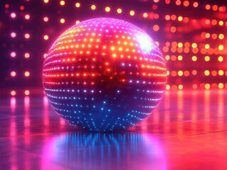 Obraz premium Vibrant disco ball reflecting colorful lights on a dance floor, creating a lively atmosphere