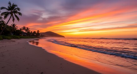 Stunning Golden Hour Sunset Over Serene Beach – Vibrant Sky, Silhouetted Palm Trees, and Calm Waves for Travel, Nature, or Summer-Themed Projects