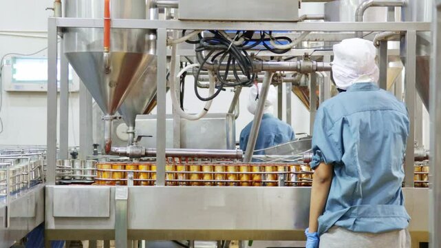 Female workers in tight uniforms control the production of mackerel through conveyor belt filling it with tomato sauce and closing the cans in a quality production process in a canned fish factory.