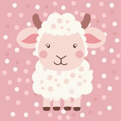 Cute Cartoon Sheep Illustration with Pastel Pink Background and Polka Dots