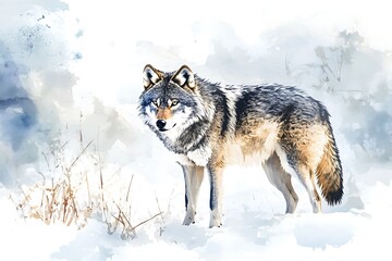 Obraz premium Watercolor wolf in winter digital artwork scene 