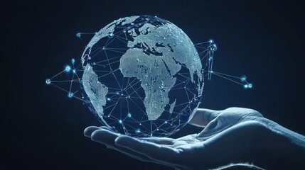 A hand holding a digital representation of the Earth, with interconnected network lines and glowing points.