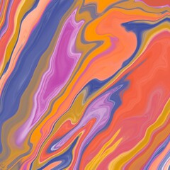 A swirling abstract pattern featuring vibrant, flowing colors. Dominant hues include orange, purple, pink, and blue, intermingled with subtle shades of yellow and brown. 