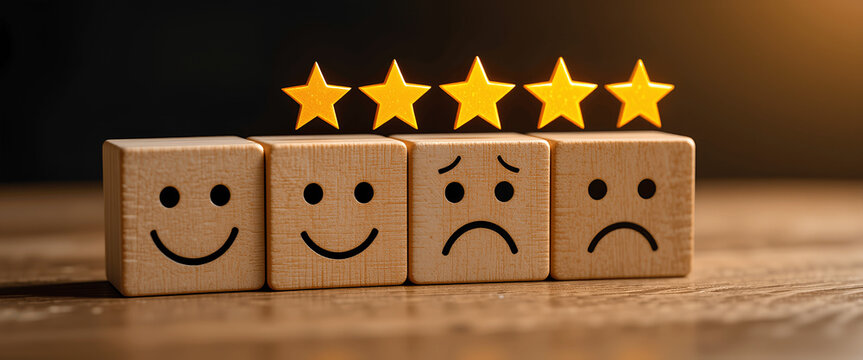 customer satisfaction rating with smiley face and star review blocks