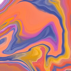 Abstract painting featuring swirling patterns in shades of orange, purple, blue, and yellow. The fluid motion of the colors creates a marbled effect, with seamless transitions and a sense of depth. 